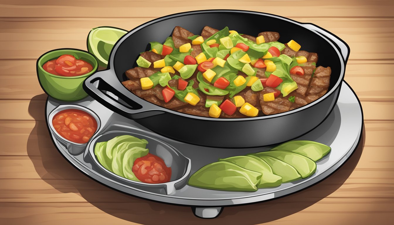 A sizzling skillet holds a freshly grilled corn tortilla topped with tender, seasoned beef, vibrant salsa, creamy guacamole, and crisp lettuce