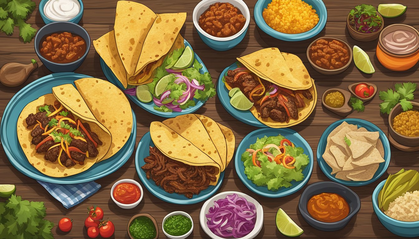 A colorful spread of various taco fillings, including barbacoa, carnitas, and al pastor, arranged on a rustic wooden table with vibrant ingredients in the background