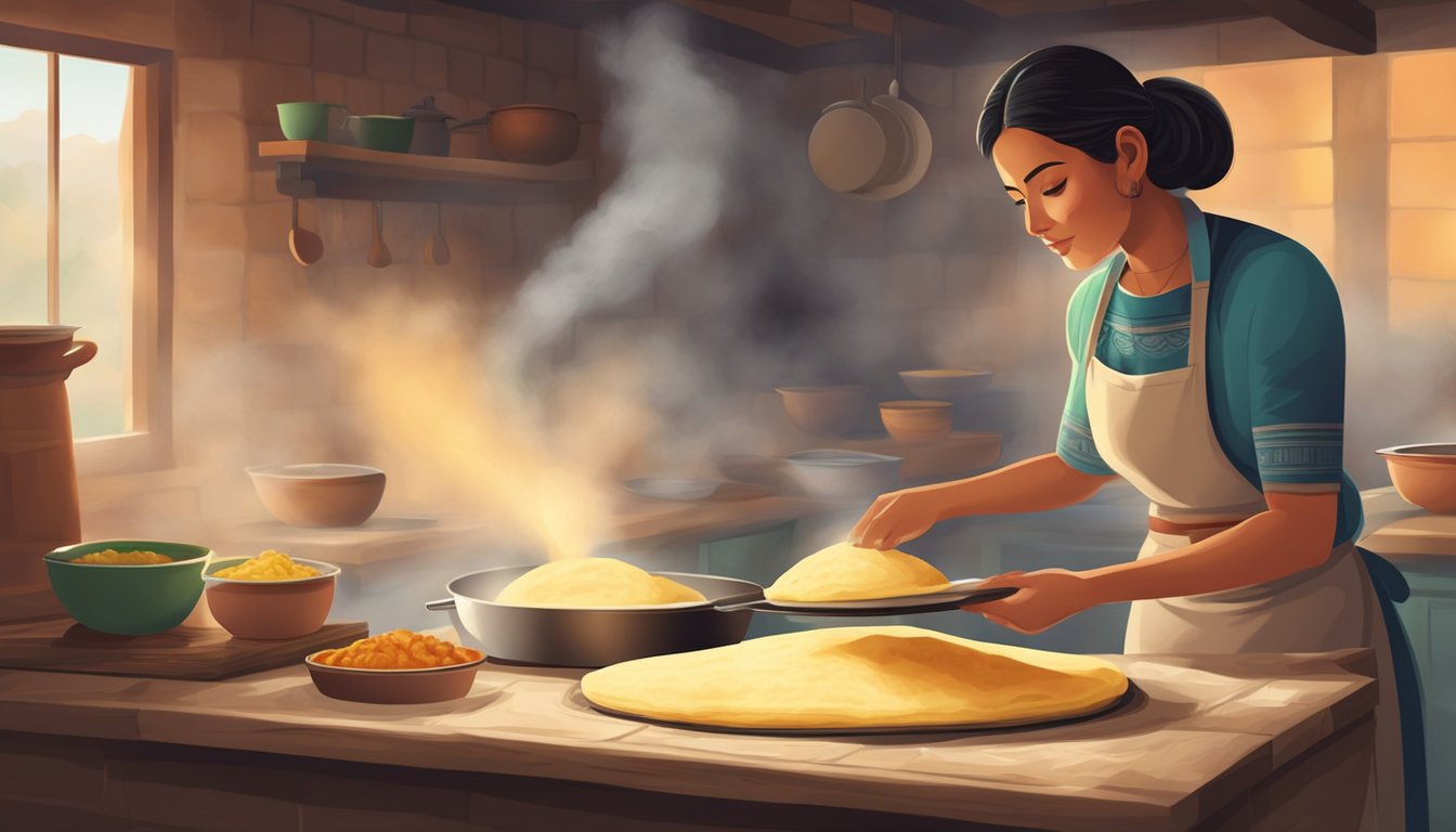 A woman presses fresh masa dough into thin, round tortillas on a hot comal, creating steam and a delicious aroma in a traditional Mexican kitchen