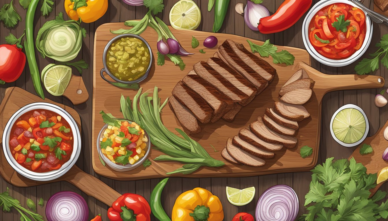 A colorful array of fresh ingredients, including grilled meats, onions, peppers, and salsa, laid out on a wooden cutting board