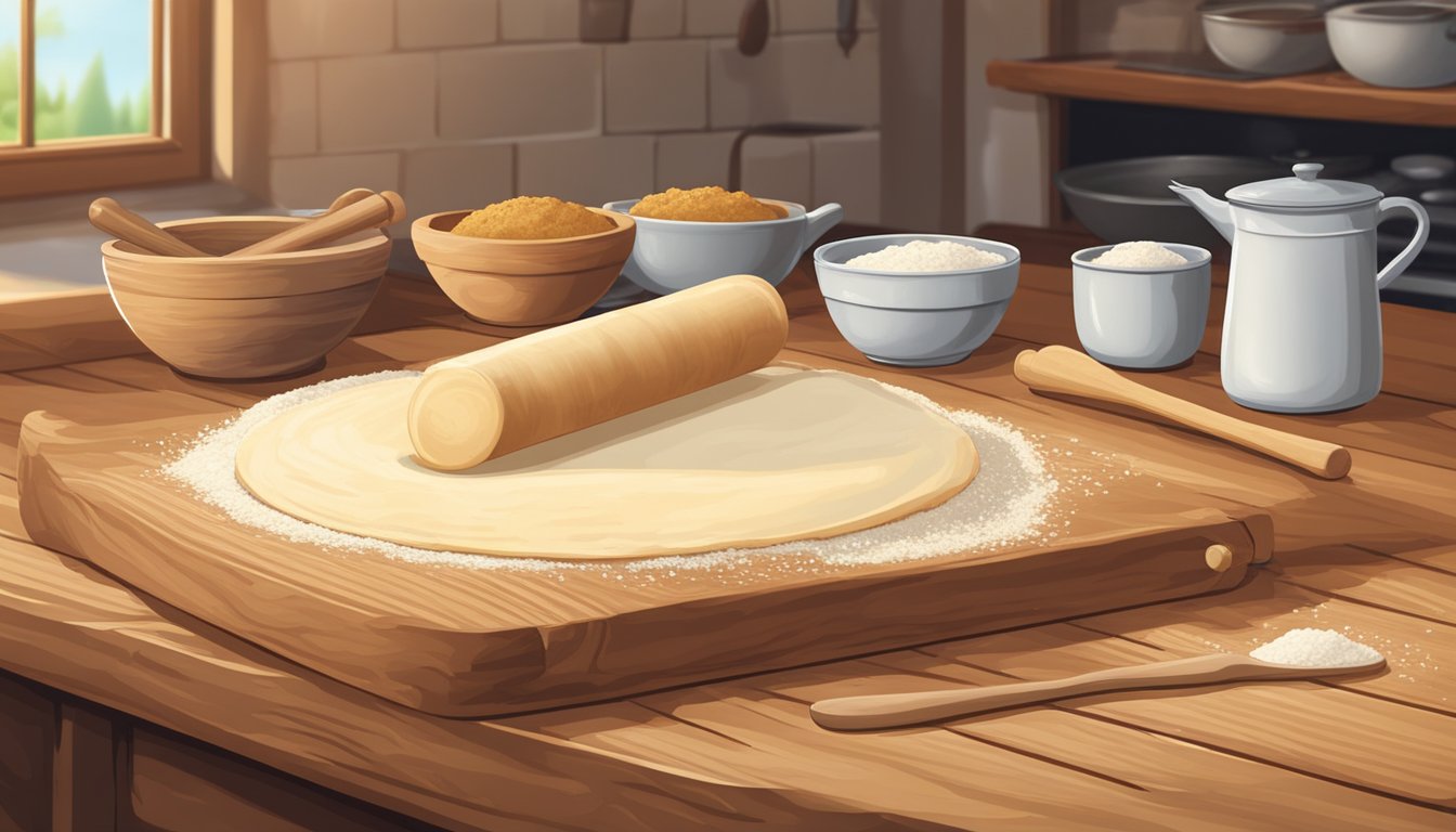 A wooden rolling pin flattens dough on a rustic wooden surface, surrounded by bowls of masa harina, water, and a comal heating on a stove