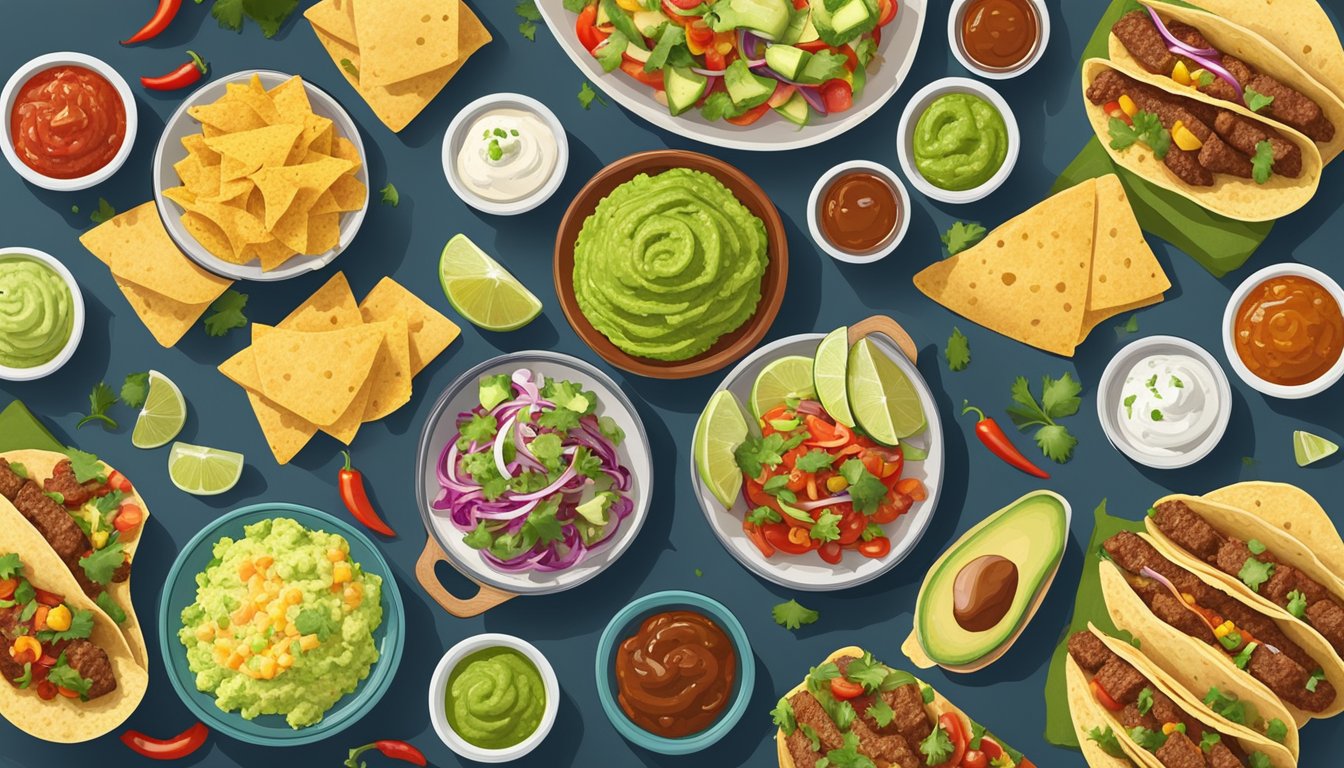 A colorful array of taco fillings and toppings spread out on a table, including seasoned meats, fresh vegetables, creamy guacamole, and zesty salsas