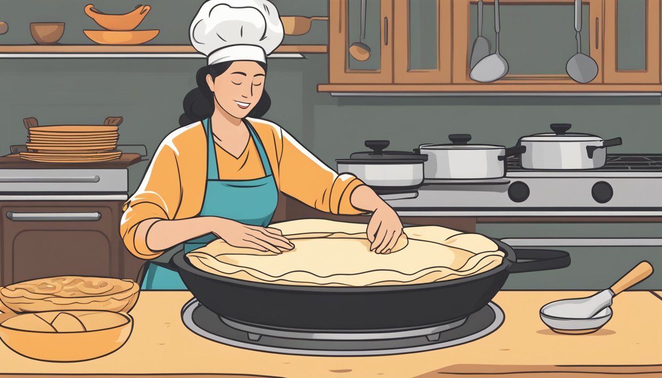 A woman presses masa dough between her palms, shaping it into a round tortilla on a comal over an open flame