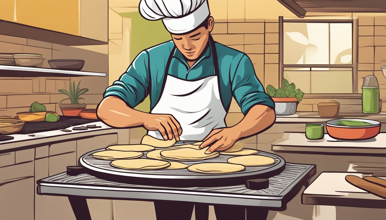 A person kneads dough, presses it into flat circles, and cooks them on a hot griddle, creating fresh tortillas for tacos in Mexico