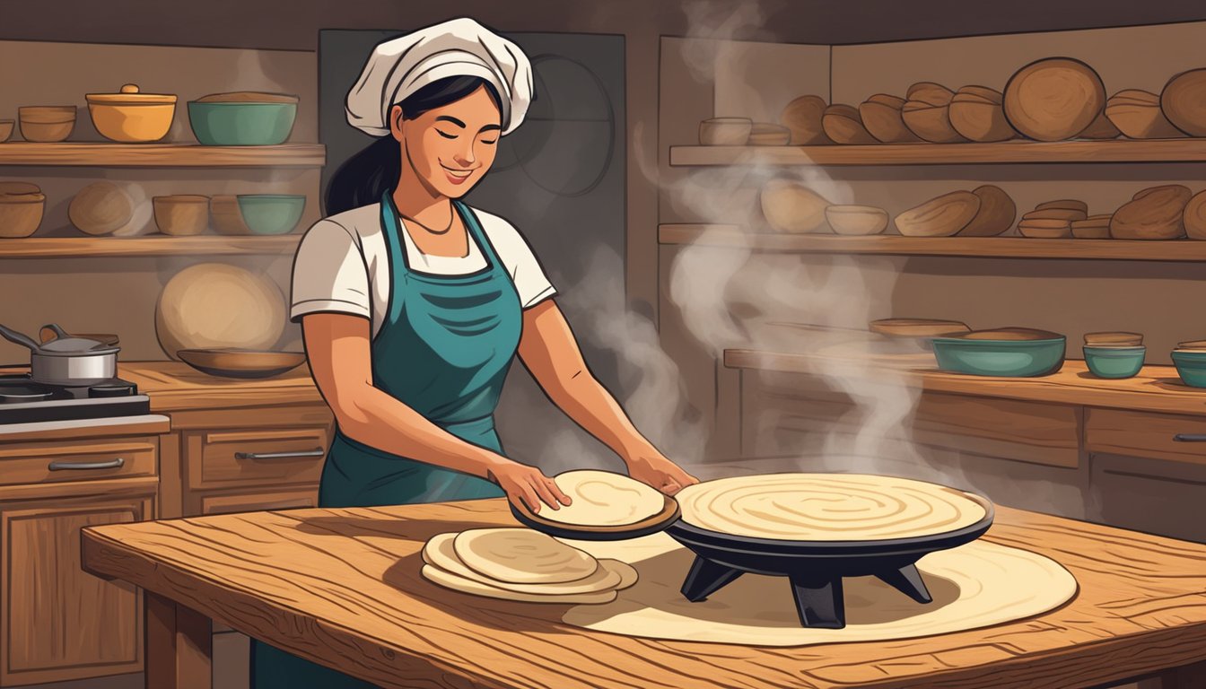 A woman presses fresh masa dough between her hands, shaping it into round tortillas on a wooden surface. A comal sits over an open flame, ready to cook the tortillas to perfection