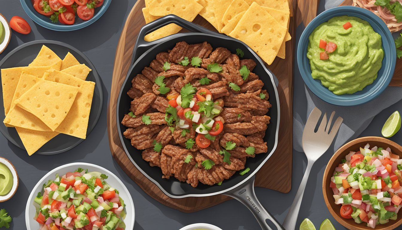 A sizzling skillet holds seasoned ground beef, grilled chicken, and smoked brisket next to bowls of fresh pico de gallo, guacamole, and shredded cheese