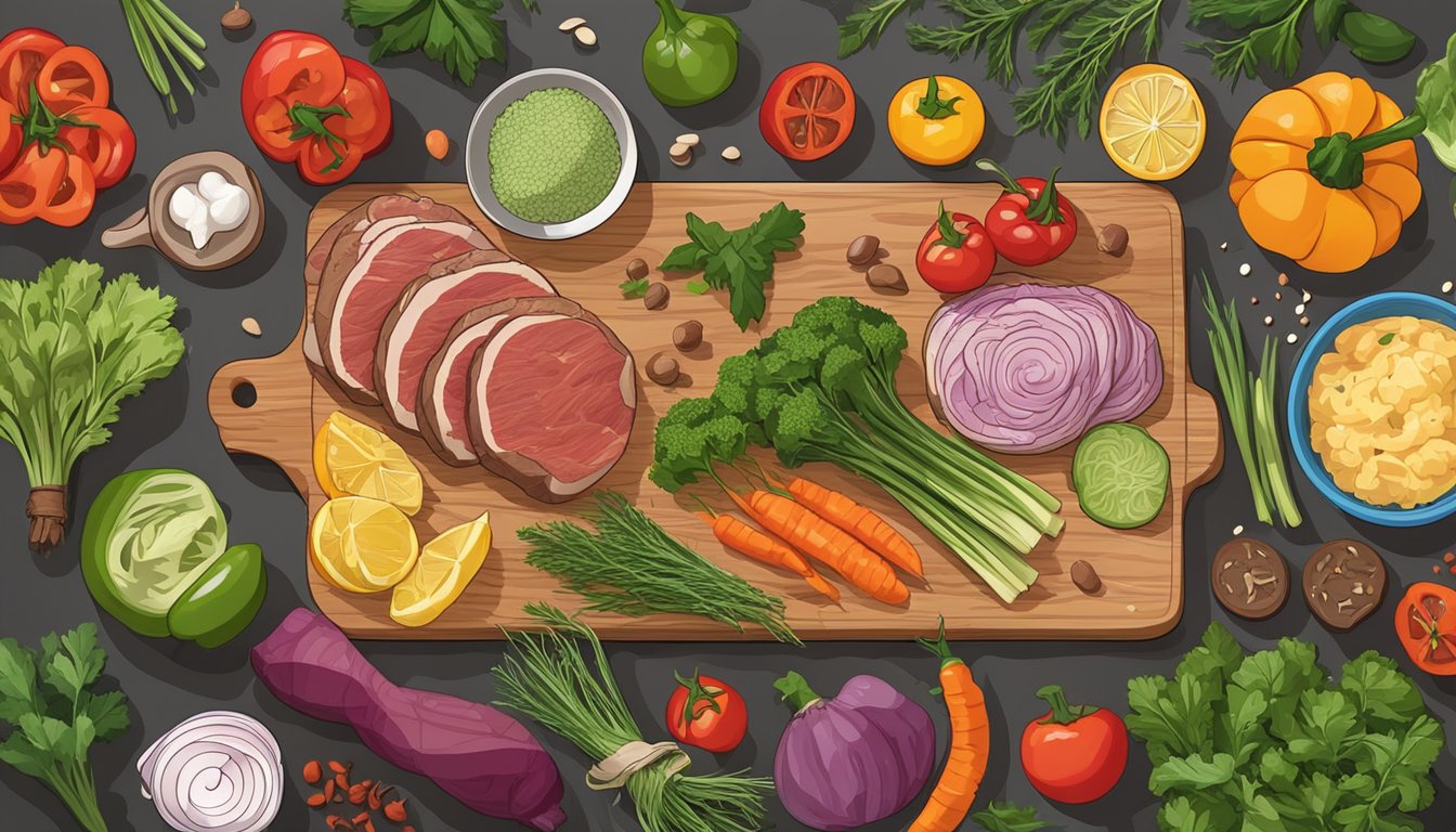 Fresh ingredients arranged around a wooden cutting board, with a variety of colorful vegetables, herbs, and spices. A bowl of marinated meat sits nearby, ready for assembly