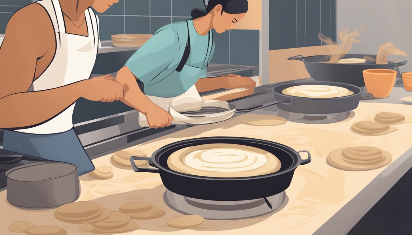 A person presses fresh masa dough into flat circles, then cooks them on a hot comal, creating steam and a delicious aroma