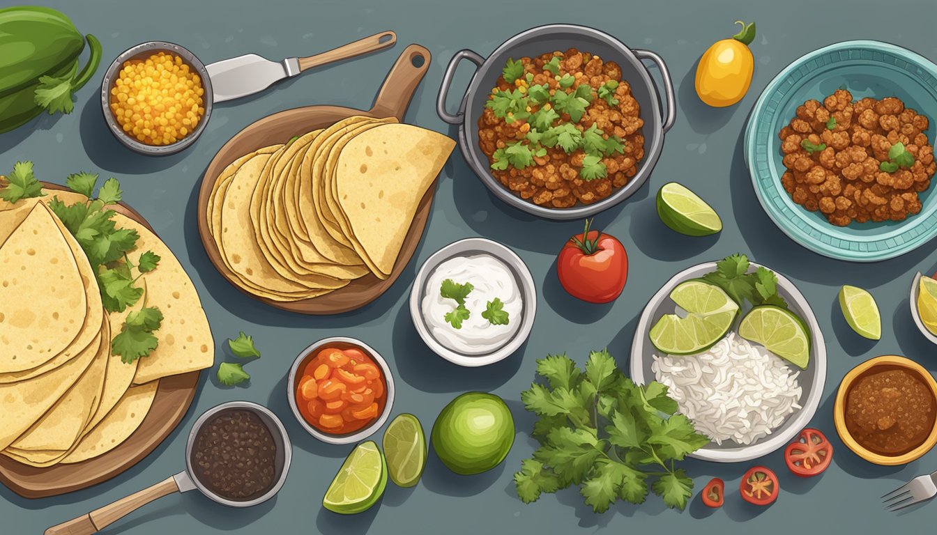 A table with various taco ingredients and utensils laid out for preparation