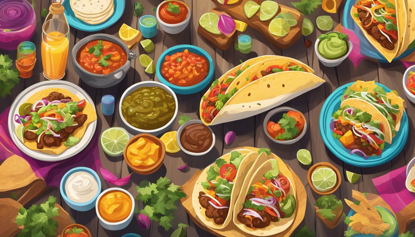 A festive table set with an array of taco ingredients and toppings, surrounded by eager guests with colorful decorations and music in the background