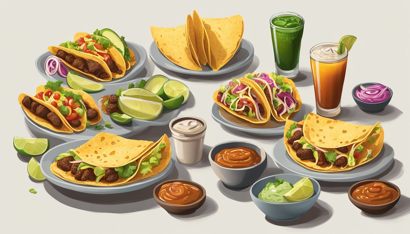 A table set with an array of tacos, each paired with specific toppings and sauces, along with a variety of beverages to complement the flavors