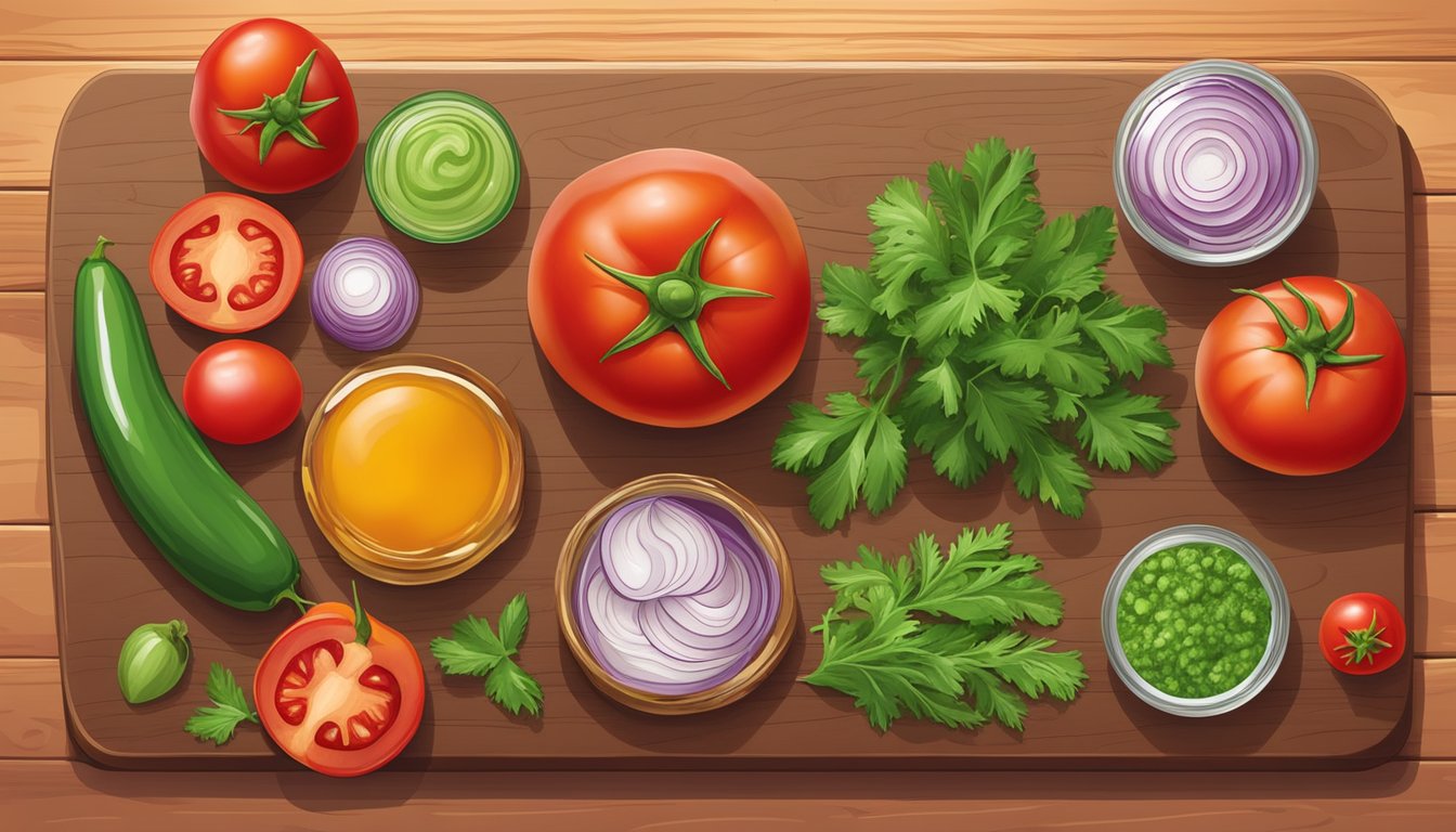 A colorful array of fresh tomatoes, onions, chilies, and cilantro spread out on a wooden cutting board, ready to be chopped and blended into authentic salsas for tacos