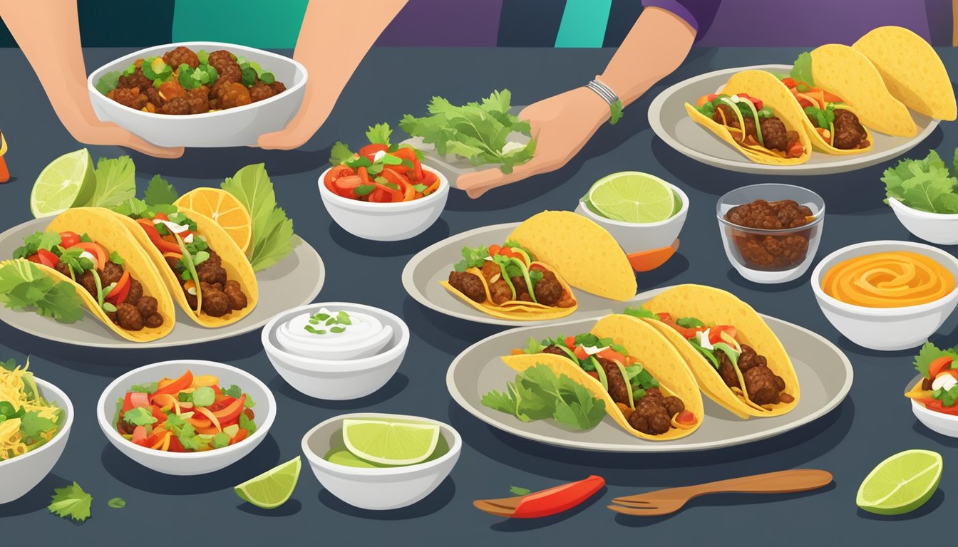 A table set with a variety of tacos, surrounded by eco-friendly utensils and napkins, with a focus on fresh, healthy ingredients