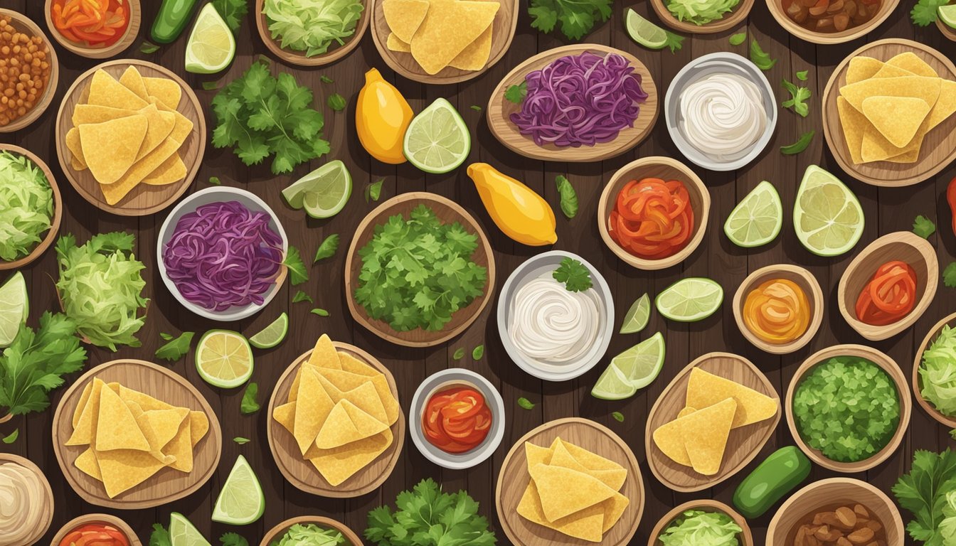 Fresh ingredients arranged neatly on a wooden cutting board, with a variety of taco shells and fillings spread out in an organized manner