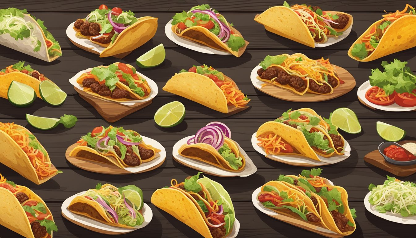 A colorful array of tacos from different regions, each with unique ingredients and toppings, arranged on a rustic wooden table