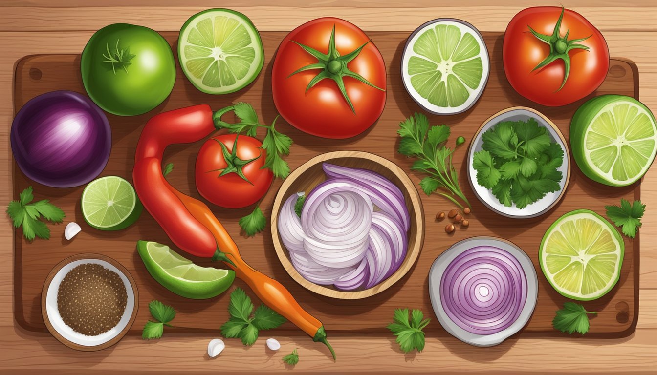 A colorful array of fresh tomatoes, onions, peppers, and cilantro arranged on a wooden cutting board, surrounded by bowls of salt, lime, and spices