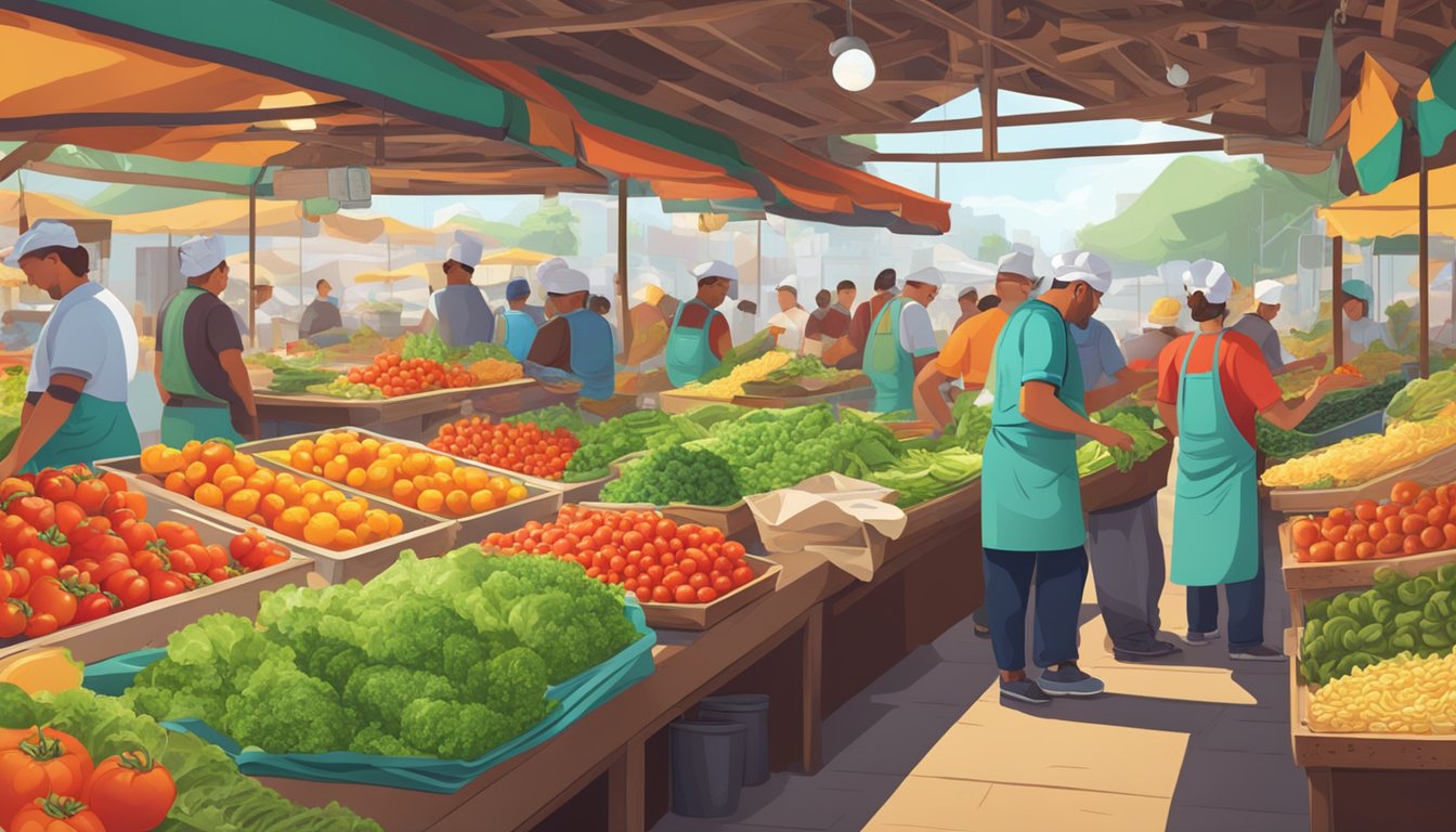 A bustling market with vendors selling vibrant, fresh produce. A chef carefully selects ripe tomatoes and crisp lettuce for taco preparation