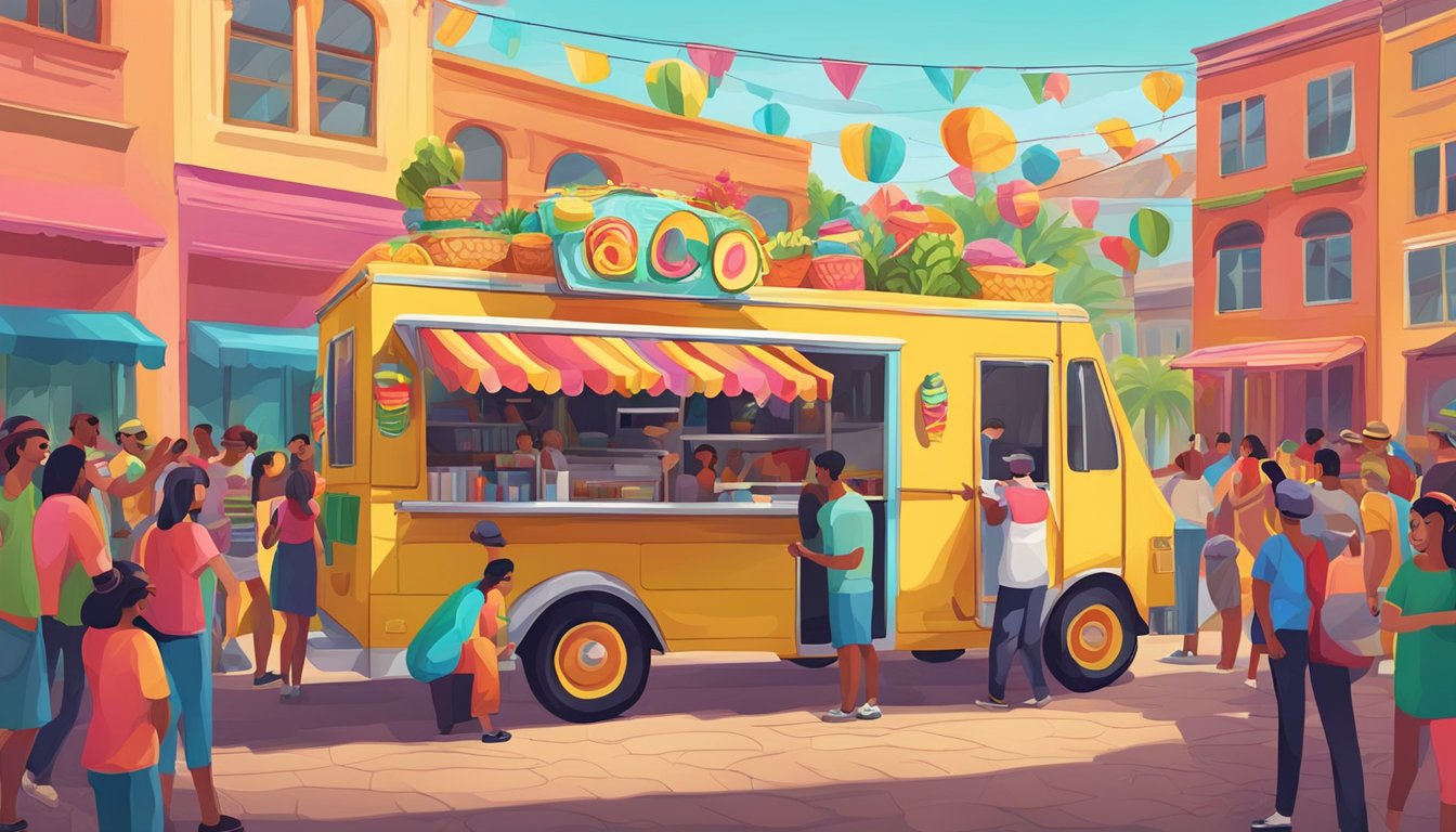 A colorful taco truck surrounded by a crowd of people, with vibrant decorations and a lively atmosphere