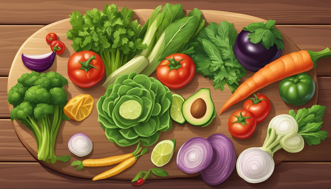 A colorful array of fresh vegetables, herbs, and spices arranged on a wooden cutting board, ready to be chopped and assembled into delicious tacos