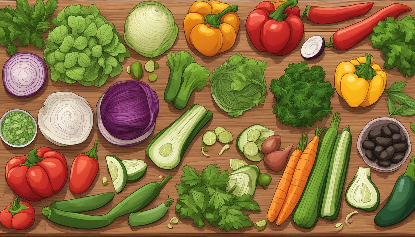 A vibrant array of colorful vegetables and herbs arranged on a wooden cutting board, ready to be used in taco preparation