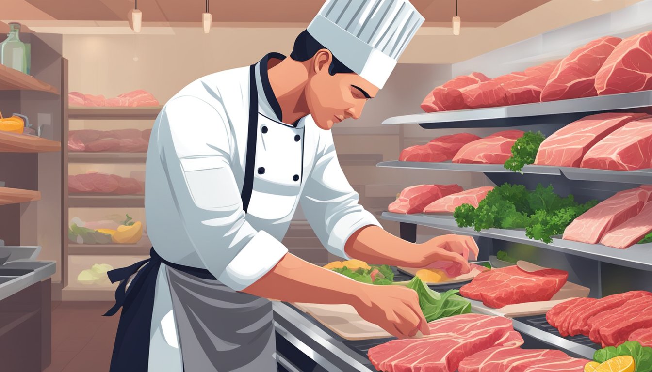 A chef selects fresh cuts of meat and prepares them for tacos