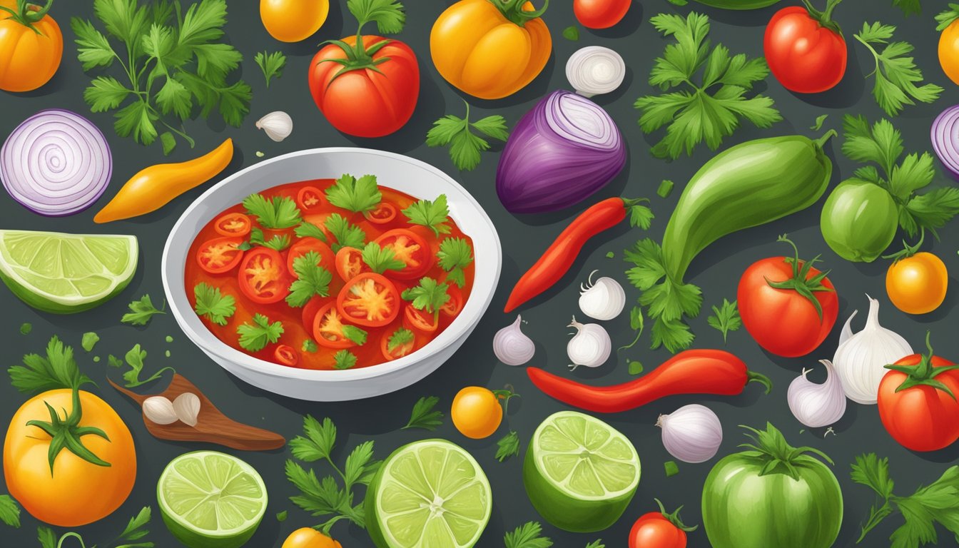 Fresh tomatoes, onions, and cilantro being chopped and mixed with lime juice and spices to create vibrant salsa. Various colorful peppers and herbs being blended into rich, flavorful sauces