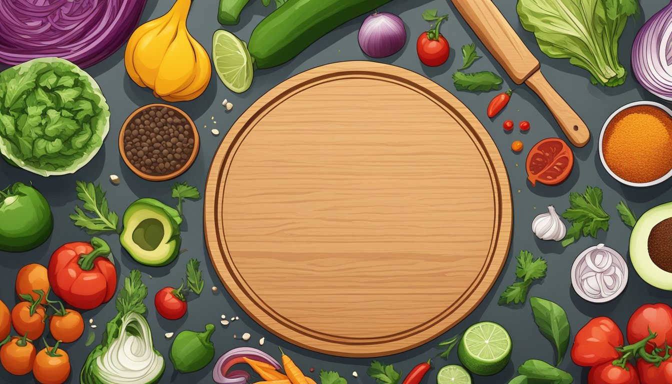 Fresh vegetables being chopped on a wooden cutting board, surrounded by colorful toppings and spices, ready to be incorporated into a taco