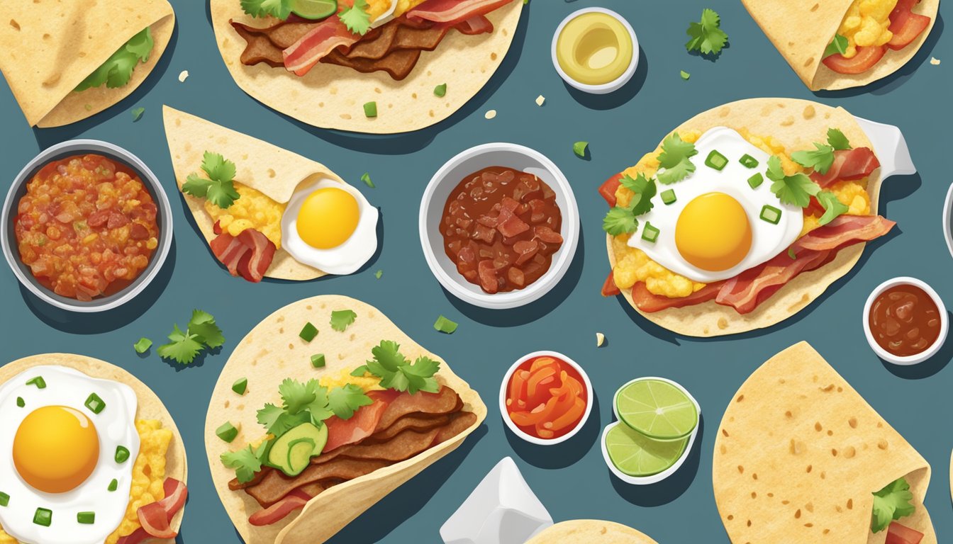 A Texan breakfast taco being prepared with various ingredients, including eggs, bacon, and salsa, on a warm tortilla