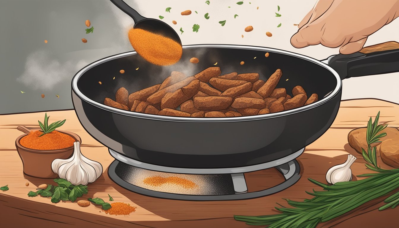 A hand sprinkles a blend of spices onto sizzling meat in a hot pan. The aroma of cumin, paprika, and garlic fills the air