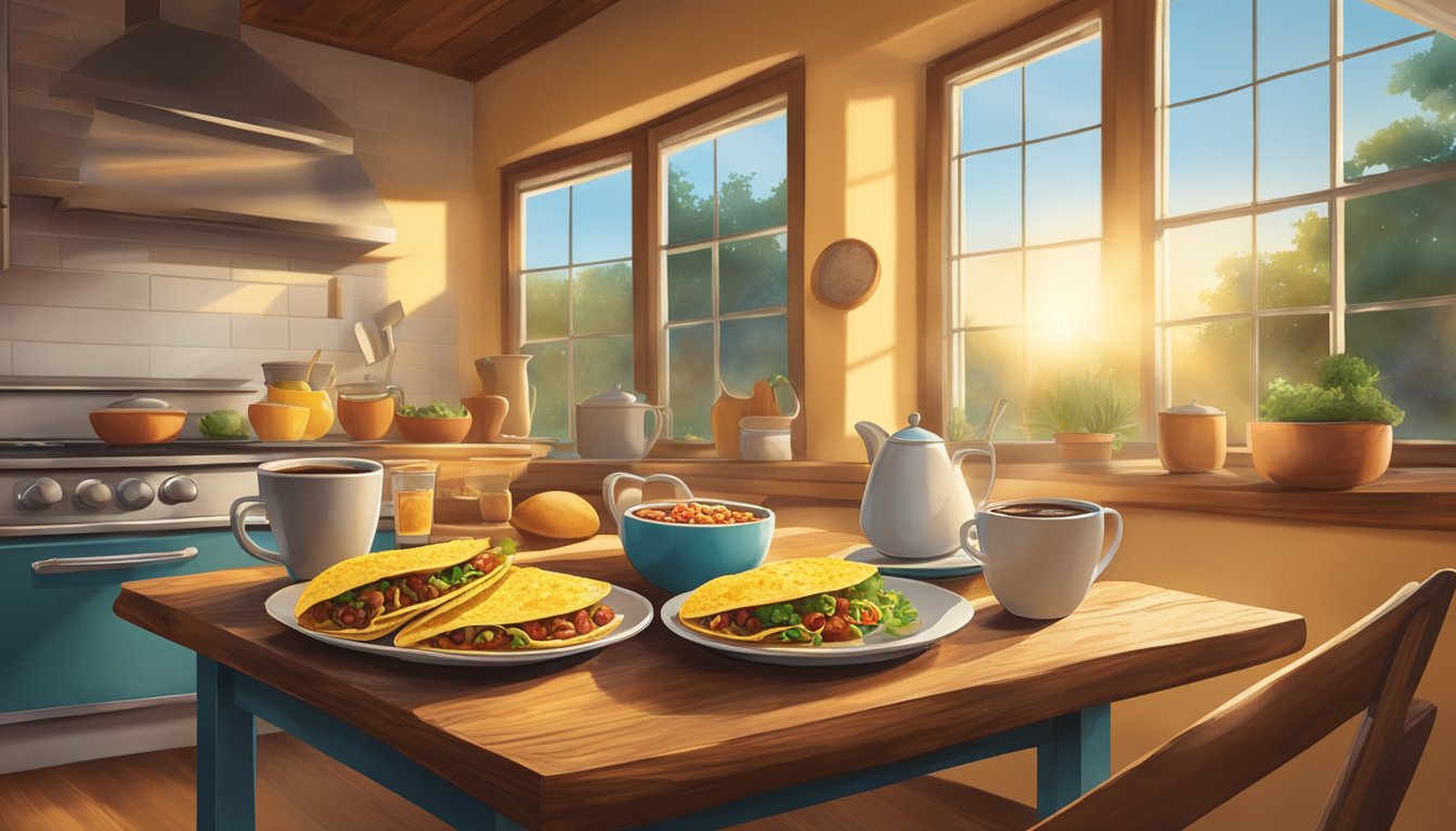 A rustic kitchen table adorned with sizzling breakfast tacos, fresh ingredients, and a steaming cup of coffee. Sunrise filters through the window, casting a warm glow over the scene