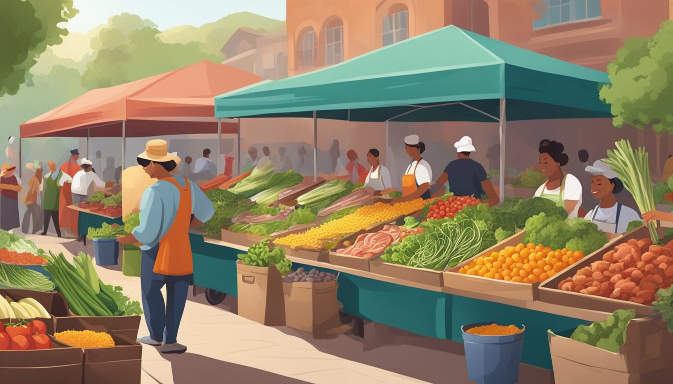 A bustling farmers market with colorful stalls selling fresh vegetables, herbs, and meats. A chef carefully selects ingredients for various taco fillings