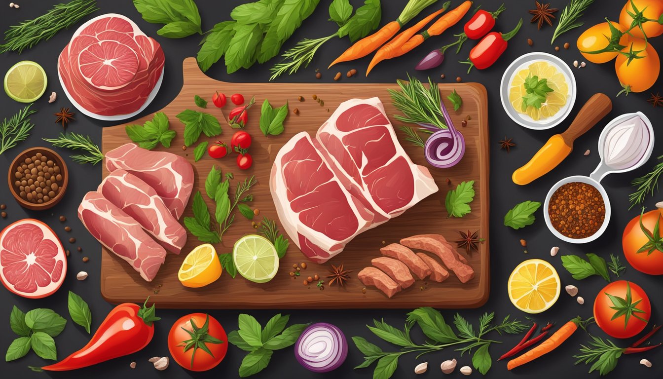 A colorful array of fresh ingredients and various cuts of meat displayed on a wooden table, surrounded by vibrant spices and herbs