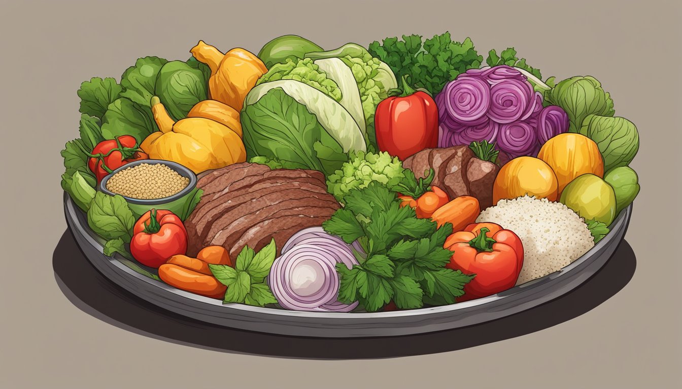 A colorful array of fresh vegetables and herbs arranged around a central bowl of seasoned meat, ready to be assembled into vibrant and flavorful tacos