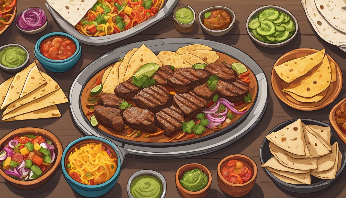 A sizzling grill with various cuts of meat, surrounded by colorful bowls of fresh toppings and warm tortillas, ready for a taco night feast