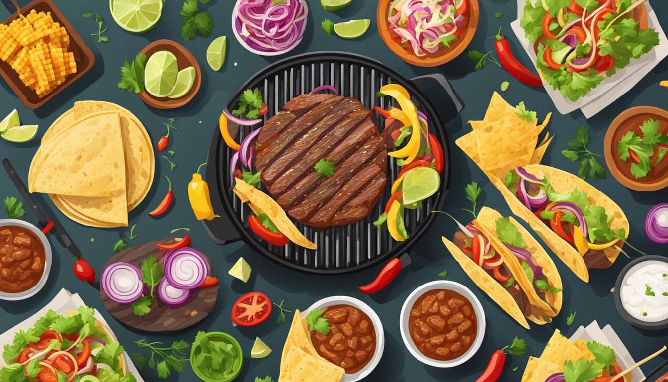 A sizzling grill with various cuts of marinated meat, surrounded by vibrant and fresh ingredients for assembling tacos