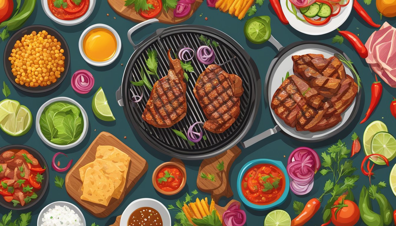 A sizzling grill with various cuts of meat, surrounded by colorful fresh ingredients and traditional Mexican spices