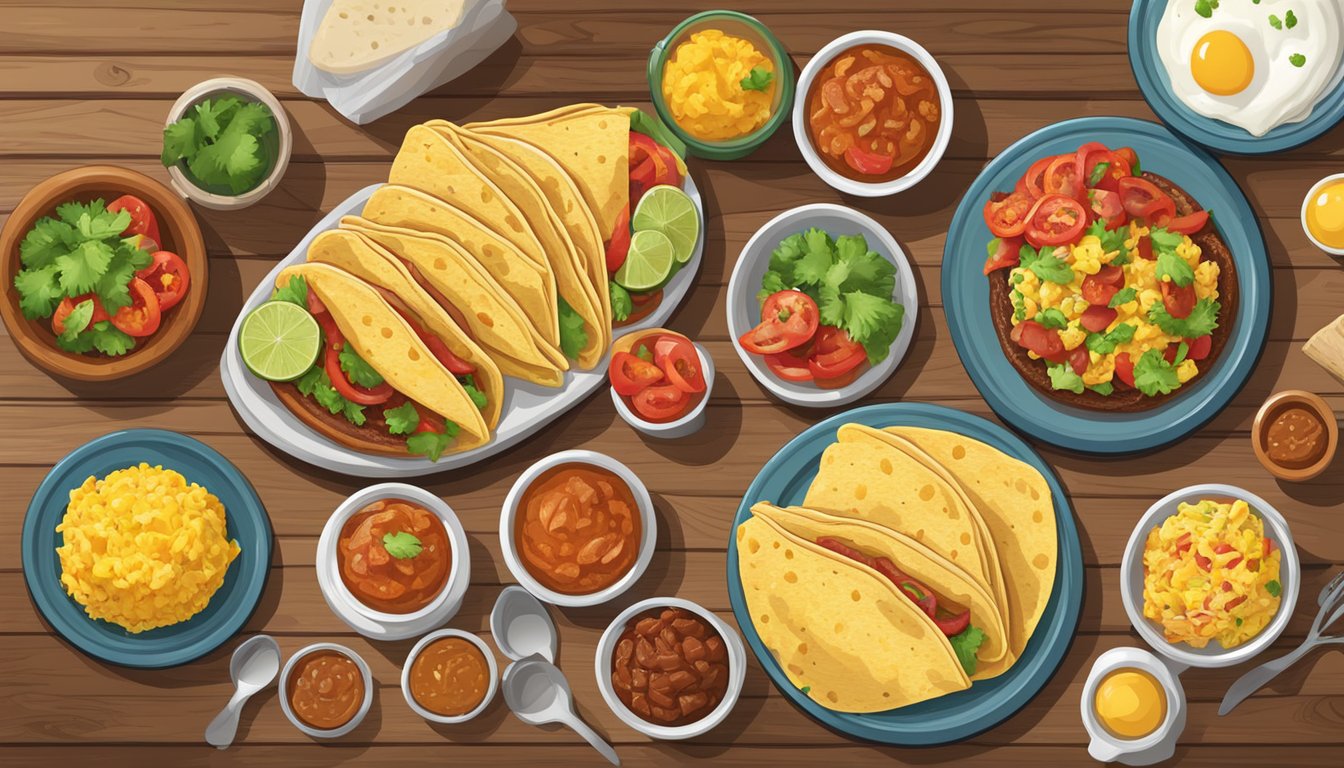 A rustic wooden table set with a colorful array of Texan breakfast taco ingredients, including scrambled eggs, crispy bacon, fresh salsa, and warm tortillas