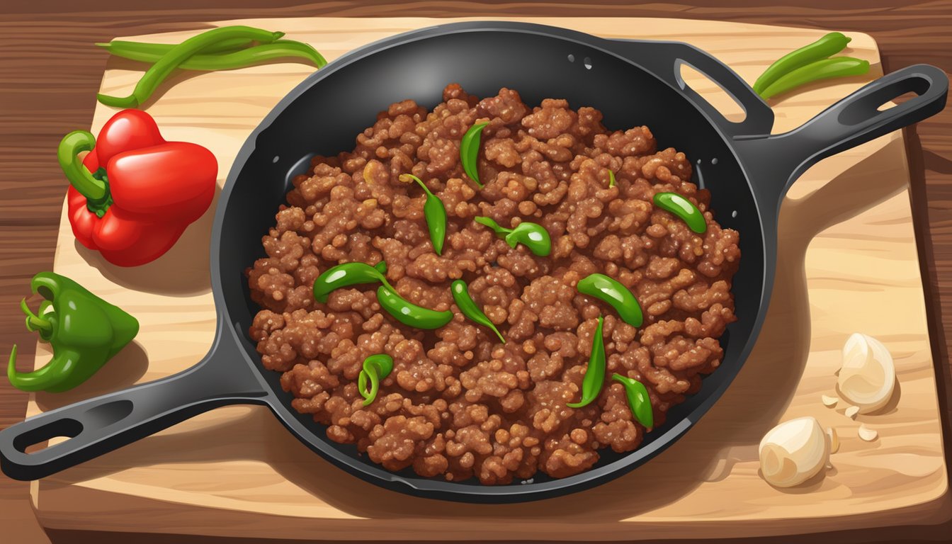 A sizzling skillet with seasoned ground beef, onions, and peppers, emitting a mouthwatering aroma