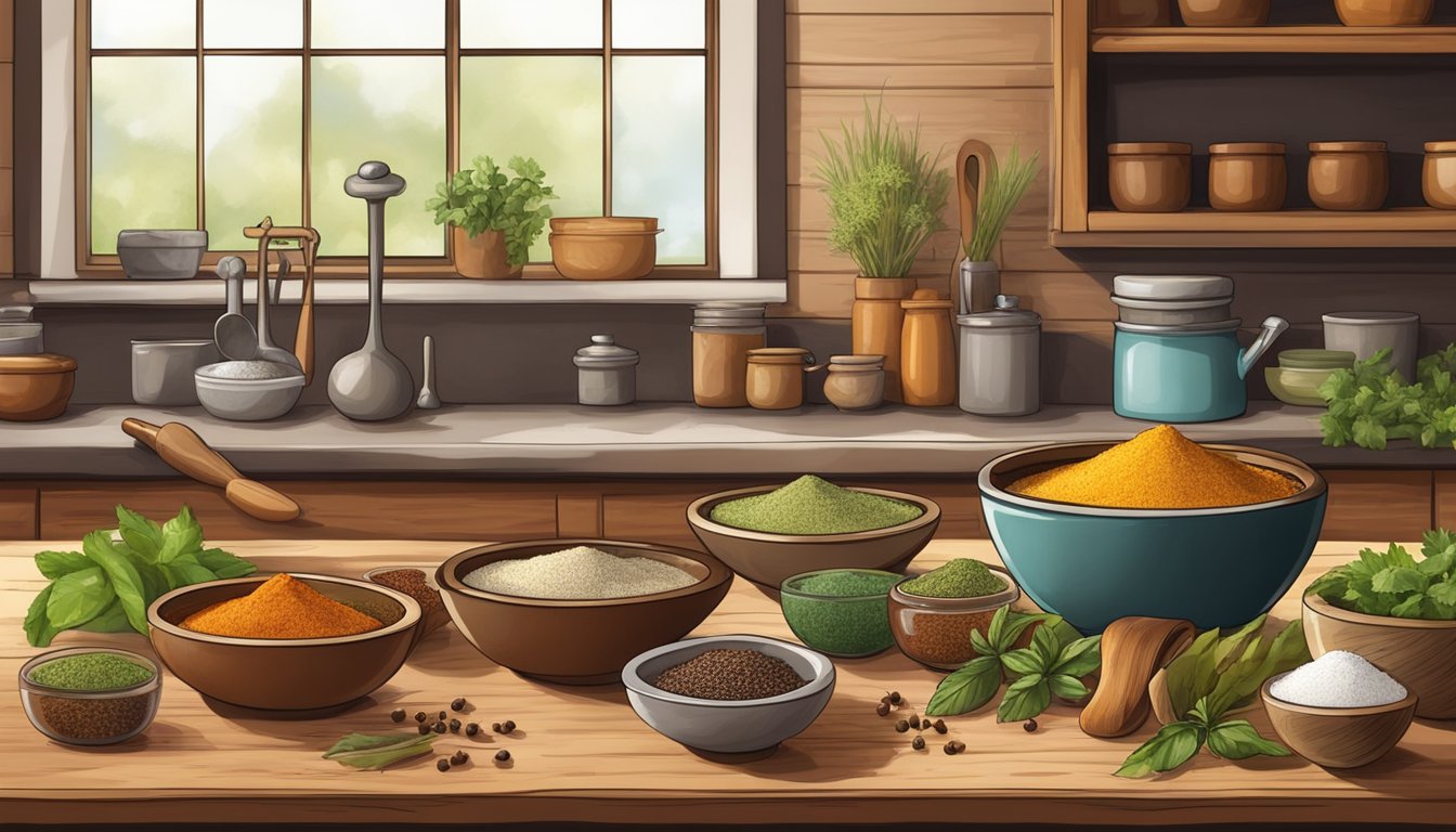 A rustic kitchen counter with assorted spices and herbs, a mortar and pestle, and a bowl of freshly ground homemade taco seasoning