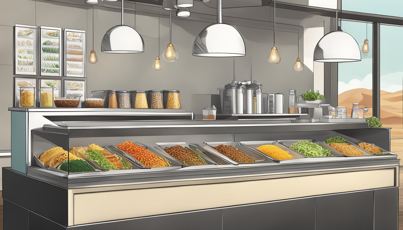 A modern taco bar with a variety of innovative fillings and toppings displayed on a sleek, minimalist counter