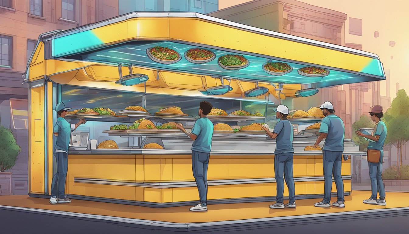 A futuristic taco stand with holographic menus and robotic arms assembling tacos