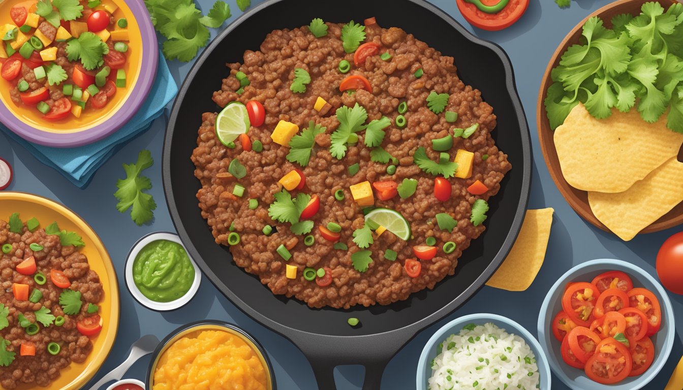 A sizzling skillet of seasoned ground beef surrounded by colorful bowls of fresh toppings and accompaniments, including diced tomatoes, shredded lettuce, chopped cilantro, and zesty salsa