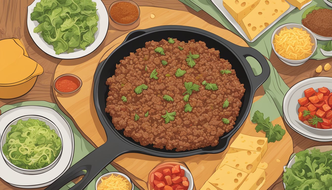 A sizzling skillet of ground beef and spices, surrounded by colorful bowls of diced tomatoes, shredded lettuce, and grated cheese