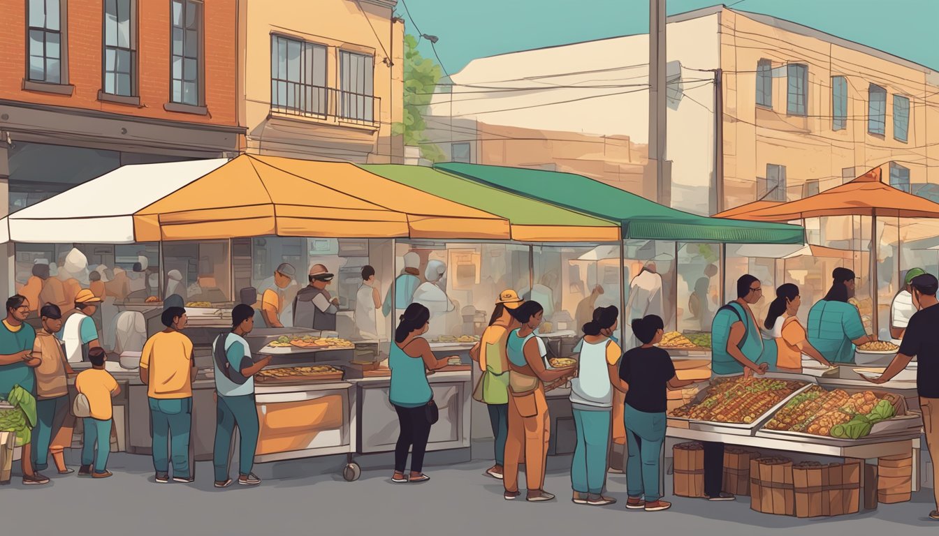 A bustling street food market with vendors preparing and serving a variety of tacos. Customers line up to try modern and traditional taco variations