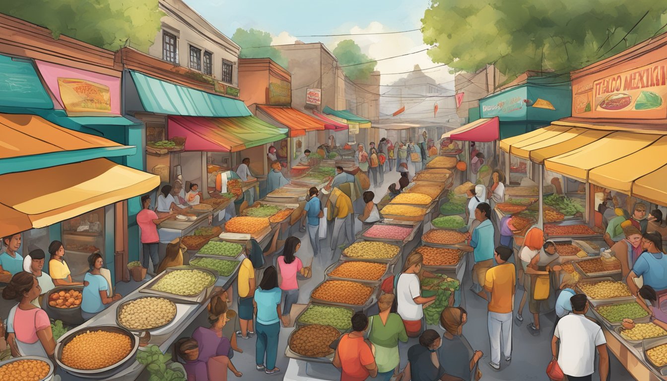 A bustling street market with diverse vendors and customers enjoying an array of taco fillings, representing the fusion of Mexican and international flavors