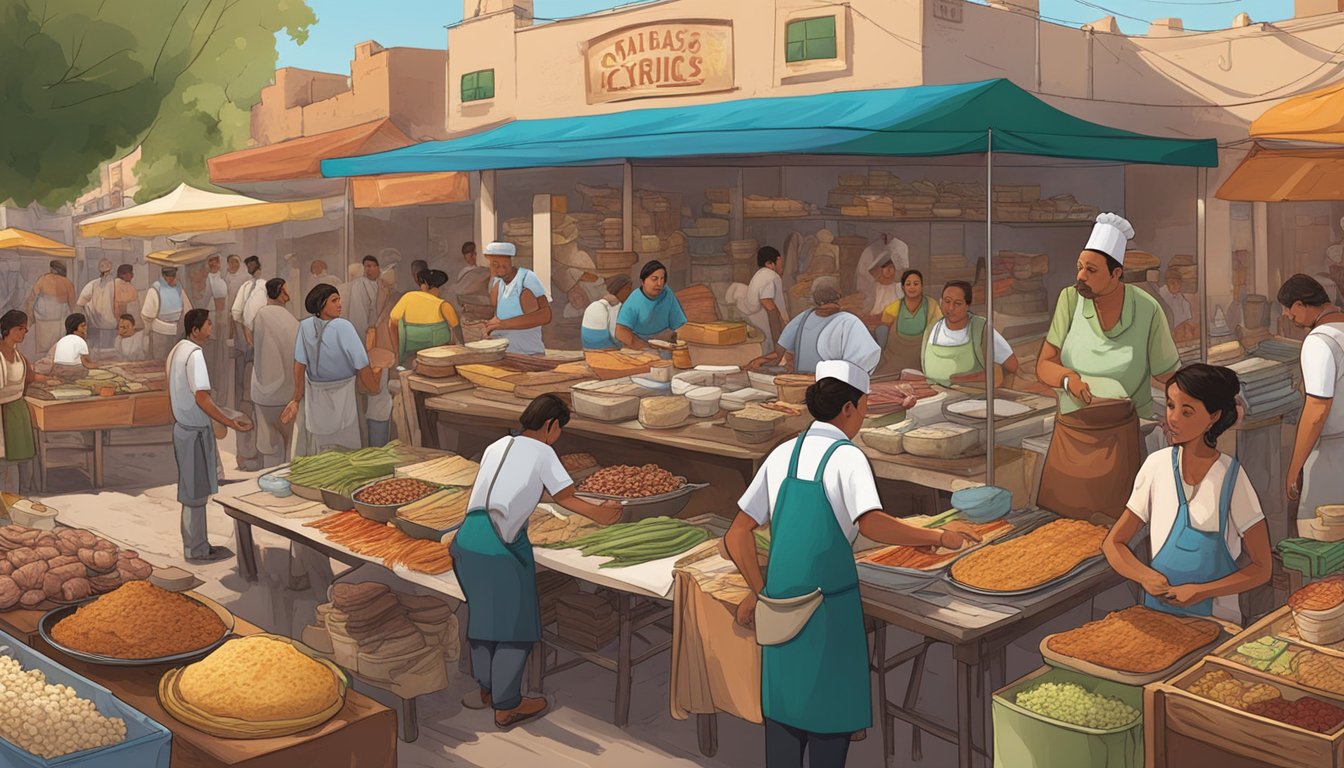 A bustling Mexican marketplace with vendors selling various meats, spices, and tortillas. A chef expertly crafts and assembles tacos, surrounded by curious onlookers