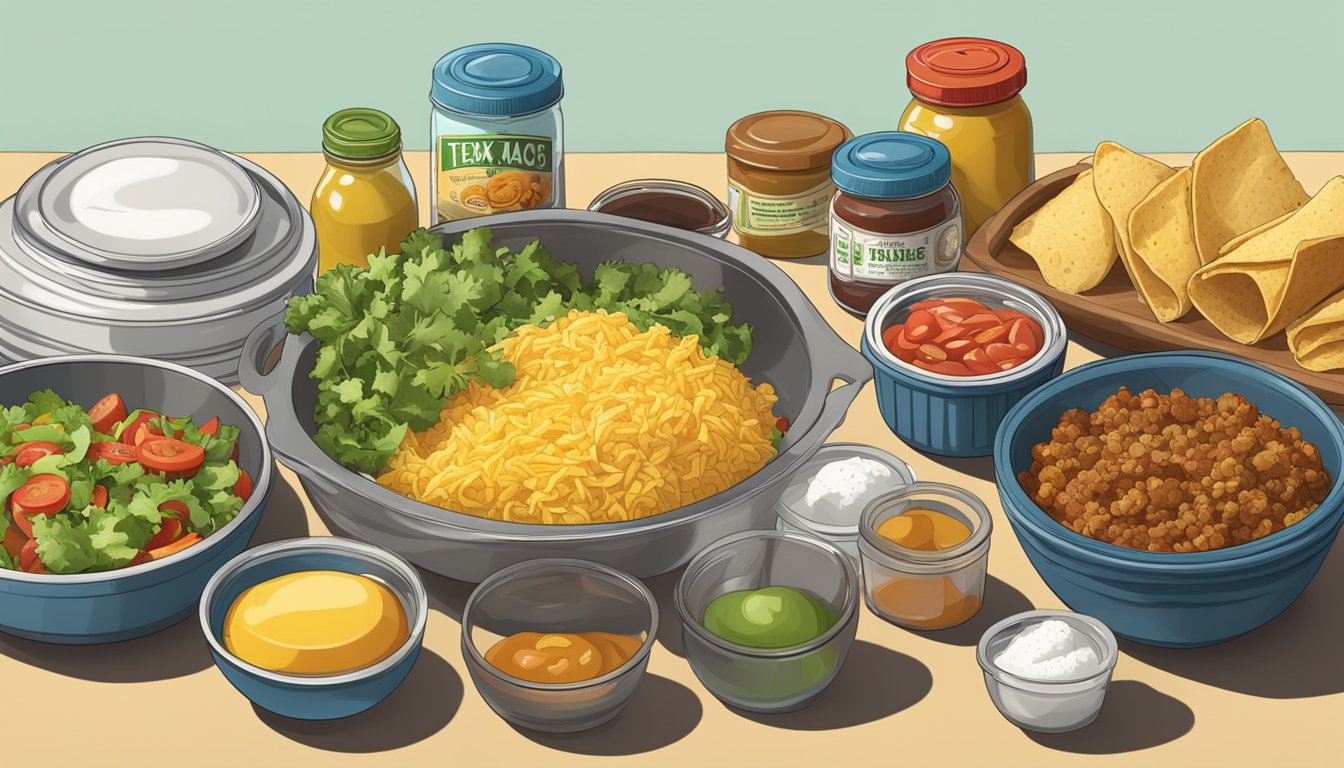 A kitchen counter with prepped ingredients and containers for storage of Texas breakfast tacos