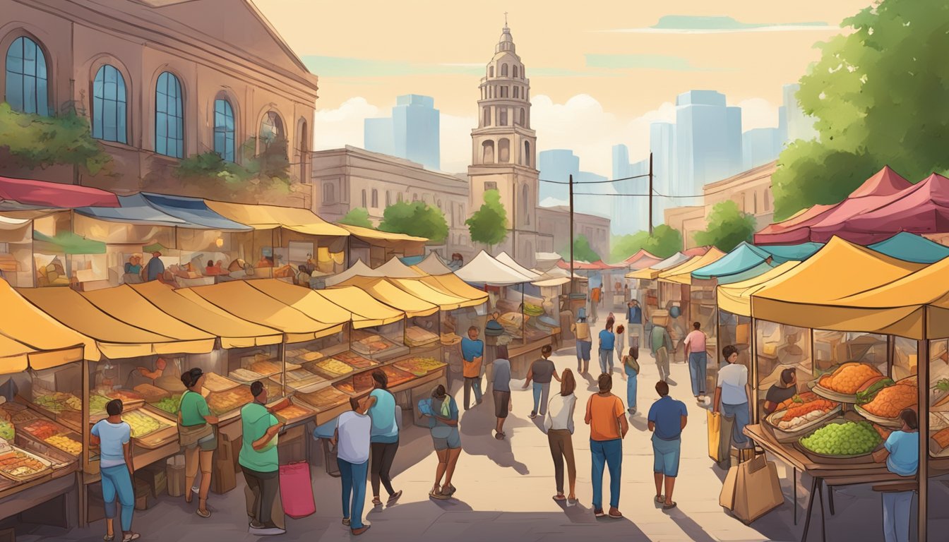 A bustling outdoor market with colorful stalls selling various types of tacos, surrounded by the sights and sounds of Texas