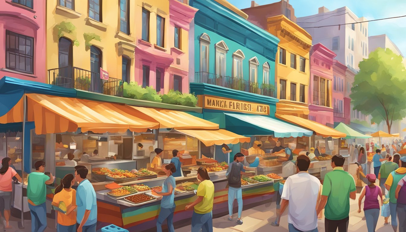 A bustling street market with vendors selling tacos and burritos from colorful food carts, surrounded by historic buildings and lively crowds