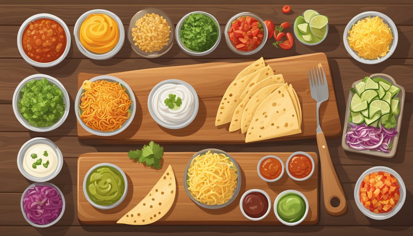 A colorful array of taco and burrito ingredients spread out on a wooden table, with options for customization such as various salsas, cheeses, and toppings